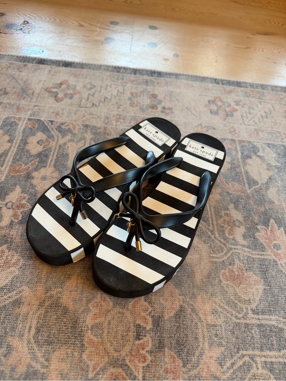 kate spade Kids Black & White Striped Bow Flip Flops